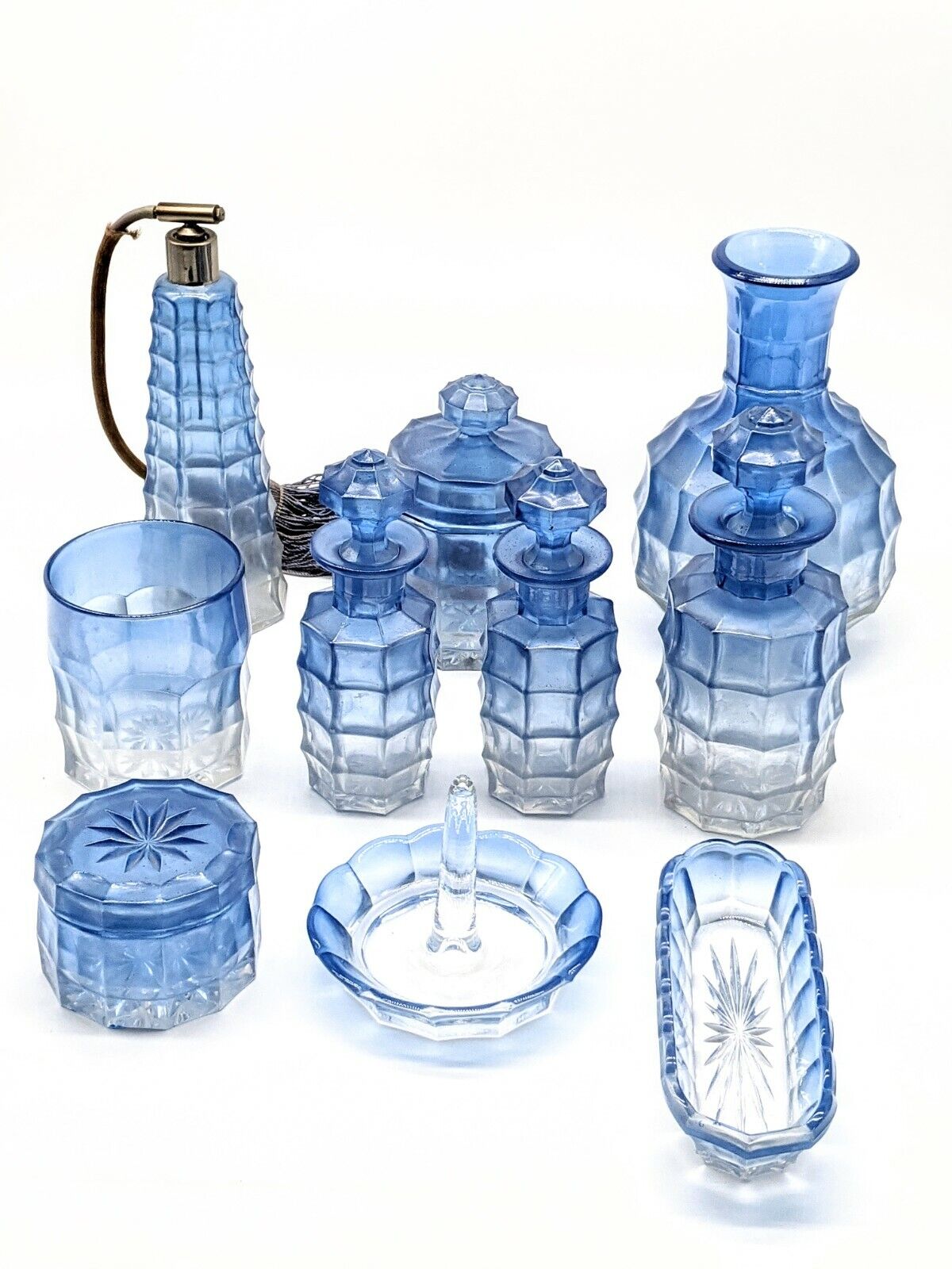 VTG 15 Piece Blue Thumbprint Glass Dresser Vanity Perfume tumbler Carafe Set