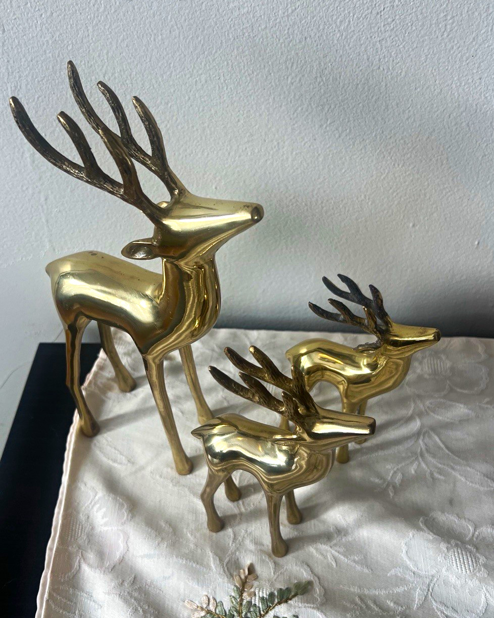 Vintage Solid Brass Deer Family Figurines - Set of 3 Reindeer Statues