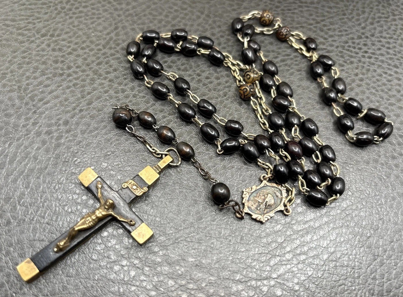 Vintage Catholic Germany Rosary Black / Brown Wood Bead INRI Crucifix Chain 32”