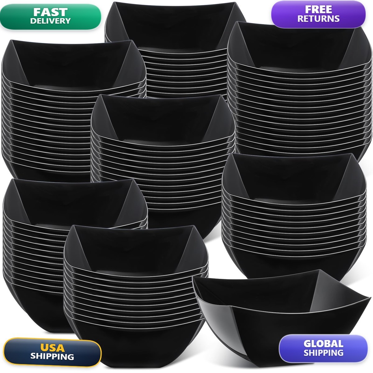 Sliner 100 Pcs Plastic Serving Bowls Disposable Square Black 8 oz Sliner 100 Pcs Plastic Serving Bowls Disposable Square Black 8 oz