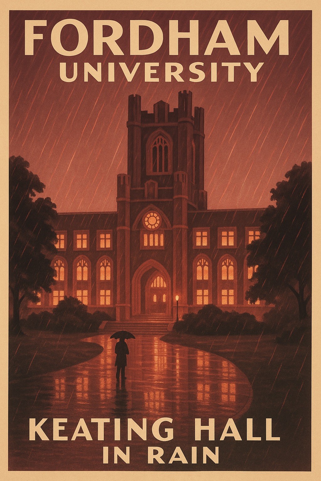 🌧️ Fordham University Poster - Keating Hall in Rain - 24x36” 200 GSM Paper 🗞️