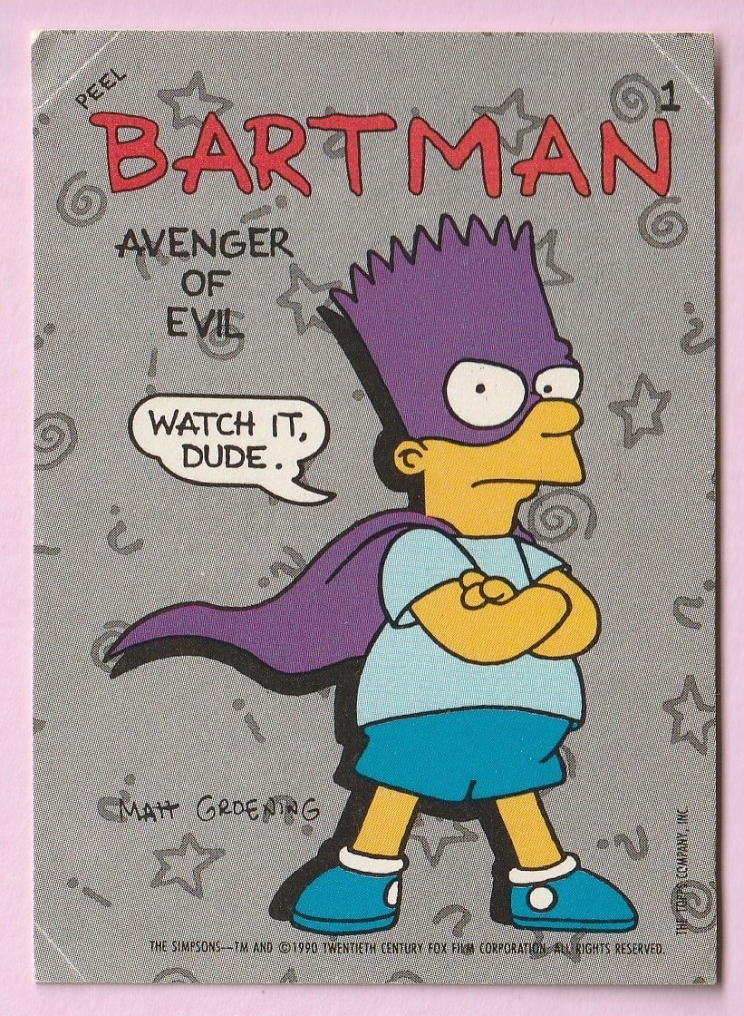 1990 Topps The Simpsons Sticker #1 BARTMAN Avenger of Evil Bart Simpson Rookie 1990 Topps The Simpsons Sticker #1 BARTMAN Avenger of Evil Bart Simpson Rookie