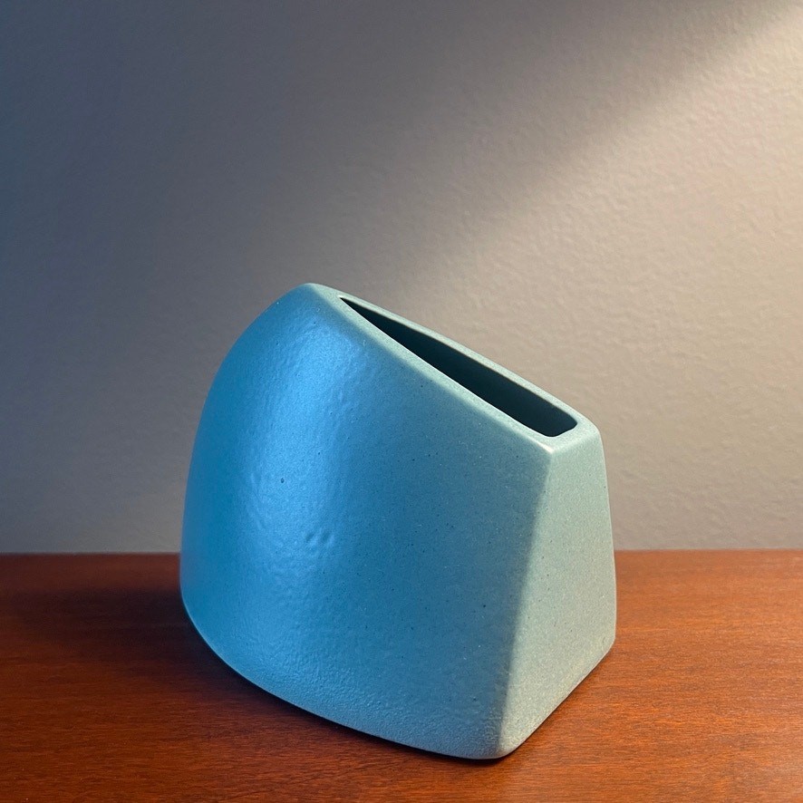James Johnston Post Modern Geometric Ceramic Vase With Matt Blue Glaze, 1980