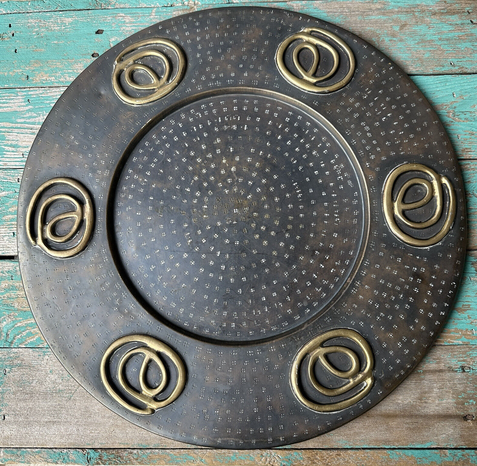 Handmade Serving Platter Brass Nickel 6 Spiral Motifs Middle East Africa 19