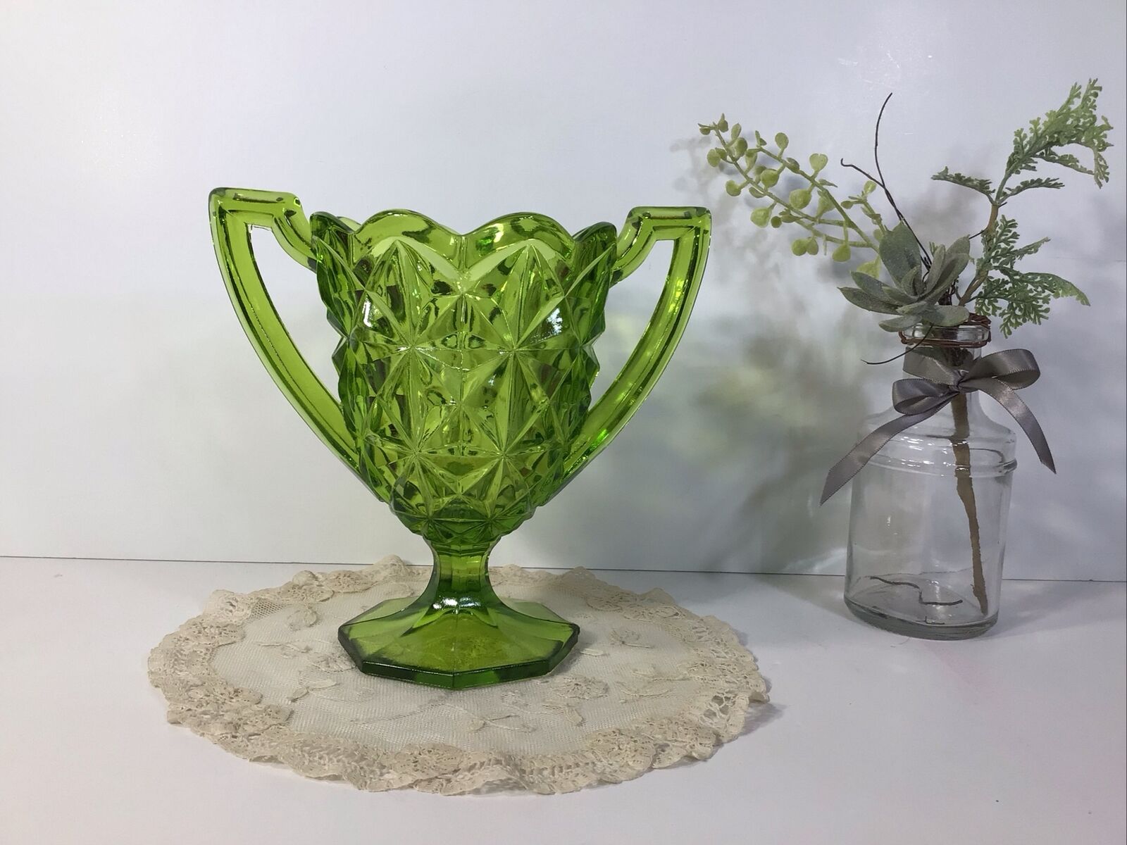 Vintage Indiana Glass~Loving Cup~Green Double Handled~FREE SHIPPING 