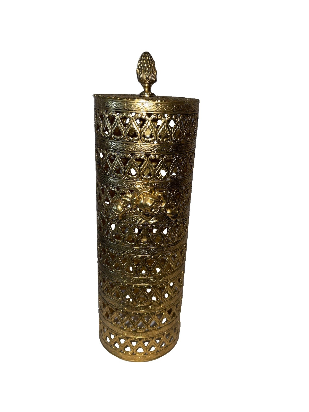 Vintage nice Hollywood Regency Filigree Hairspray Cover Gold Tone Metal Vanity 