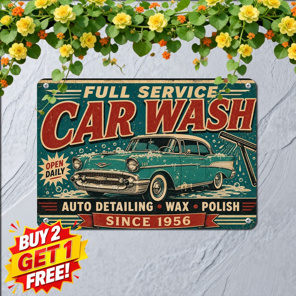 Classic 1950s Sedan Car Wash Sign Flat 2D Automotive Repair Metal Tin Plaque