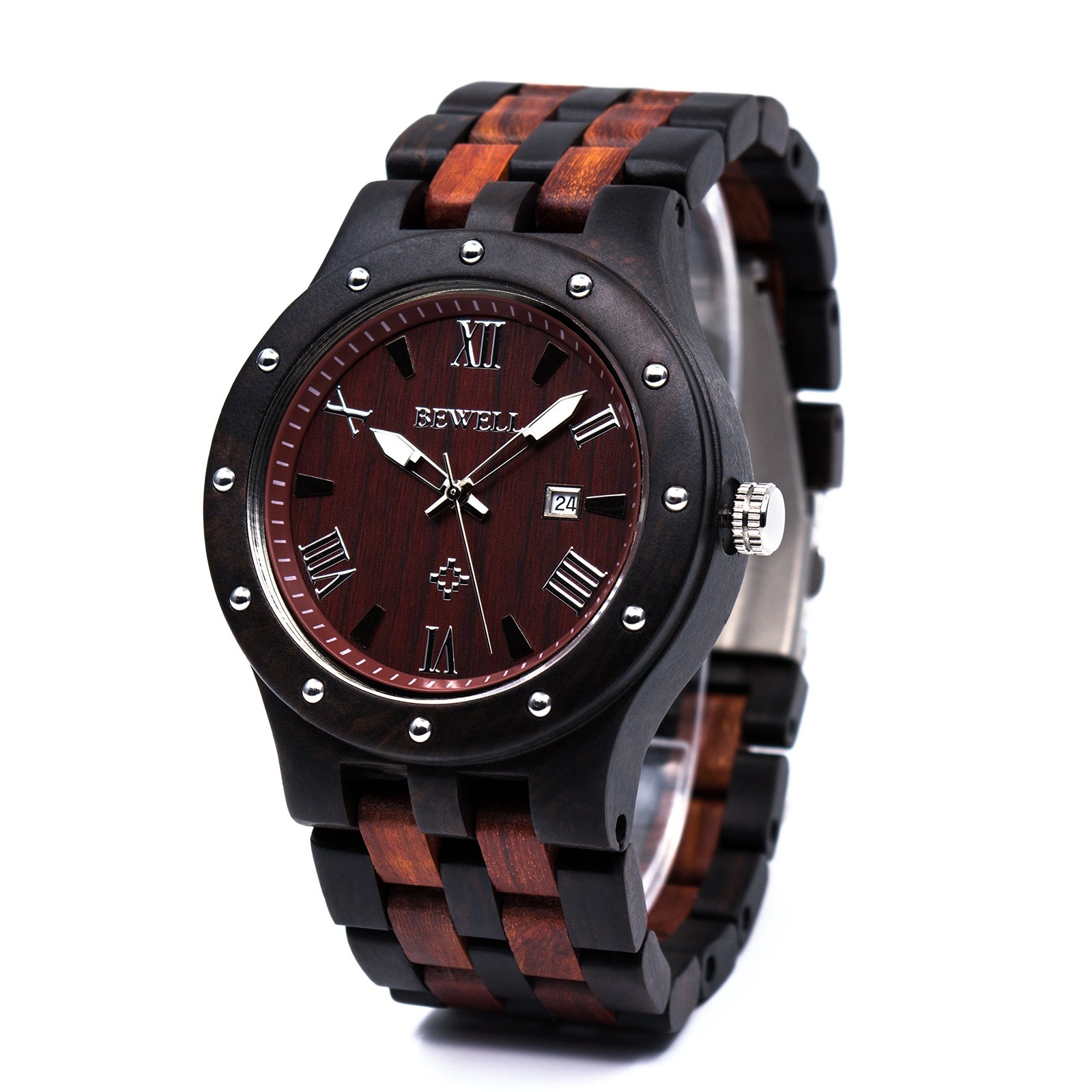 BEWELL Men\'s Wooden Watches Handmade Date Display Analog Quartz Luminous Wris...