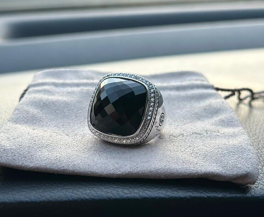 David Yurman Sterling Silver 20mm BLACK ONYX ALBION Ring With DIAMONDS Size 8