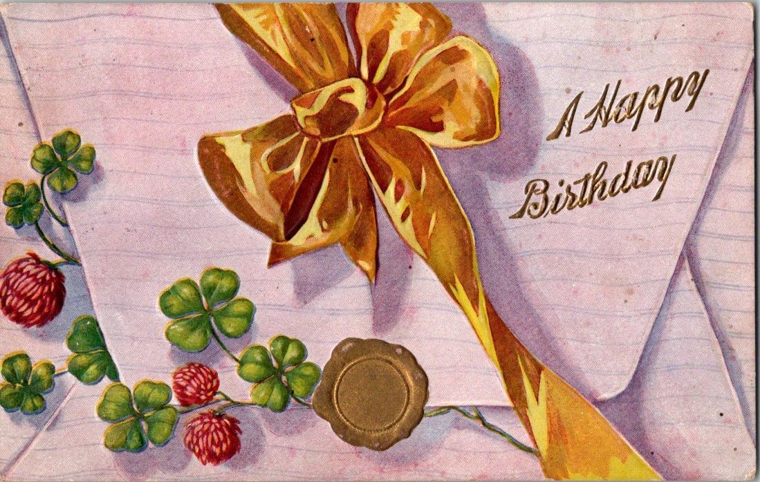 Vintage 1910 Embossed Birthday Postcard Gold Bow Clover Floral