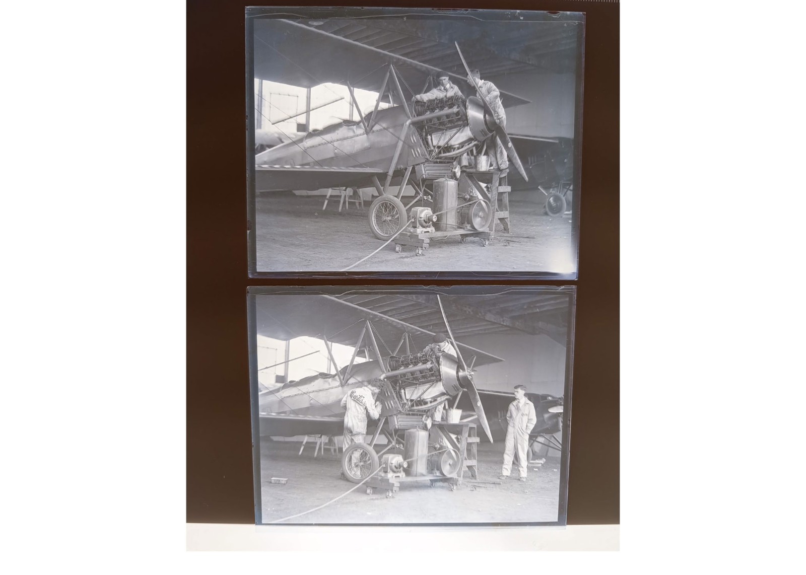 1929 Curtiss Biplane Aircraft Engine Mechanics Hangar Glass Negatives (2) OOAK 1929 Curtiss Biplane Aircraft Engine Mechanics Hangar Glass Negatives (2) OOAK