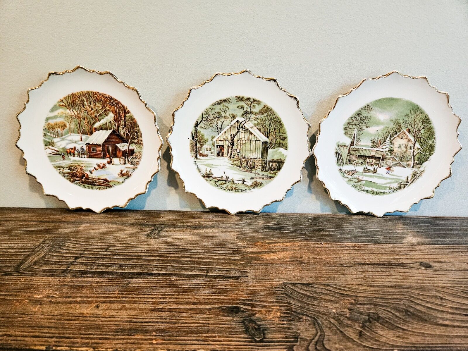 Vintage Currier And Ives The Old Homestead Set Of 3 Gold Rimmed Wall Plates