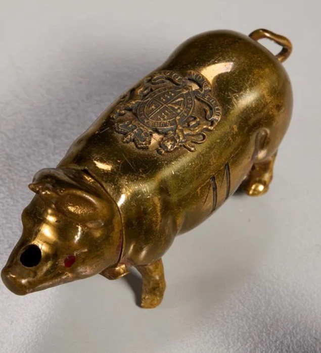 WWI Era Antique Brass Pig Matches Safe Vesta Holder British Royal Coast Of Arms