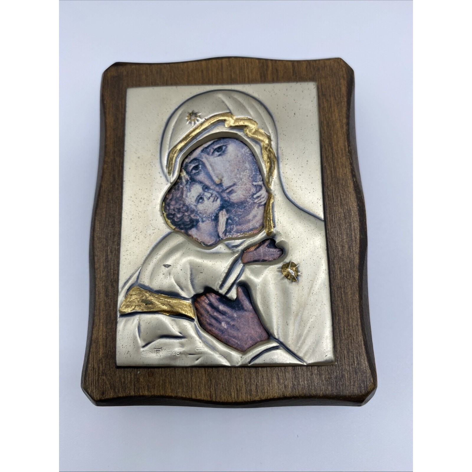 VINTAGE Silver / Wood Stand Up Plaque VATICAN MUSEUM Madonna & Child 925 Silver