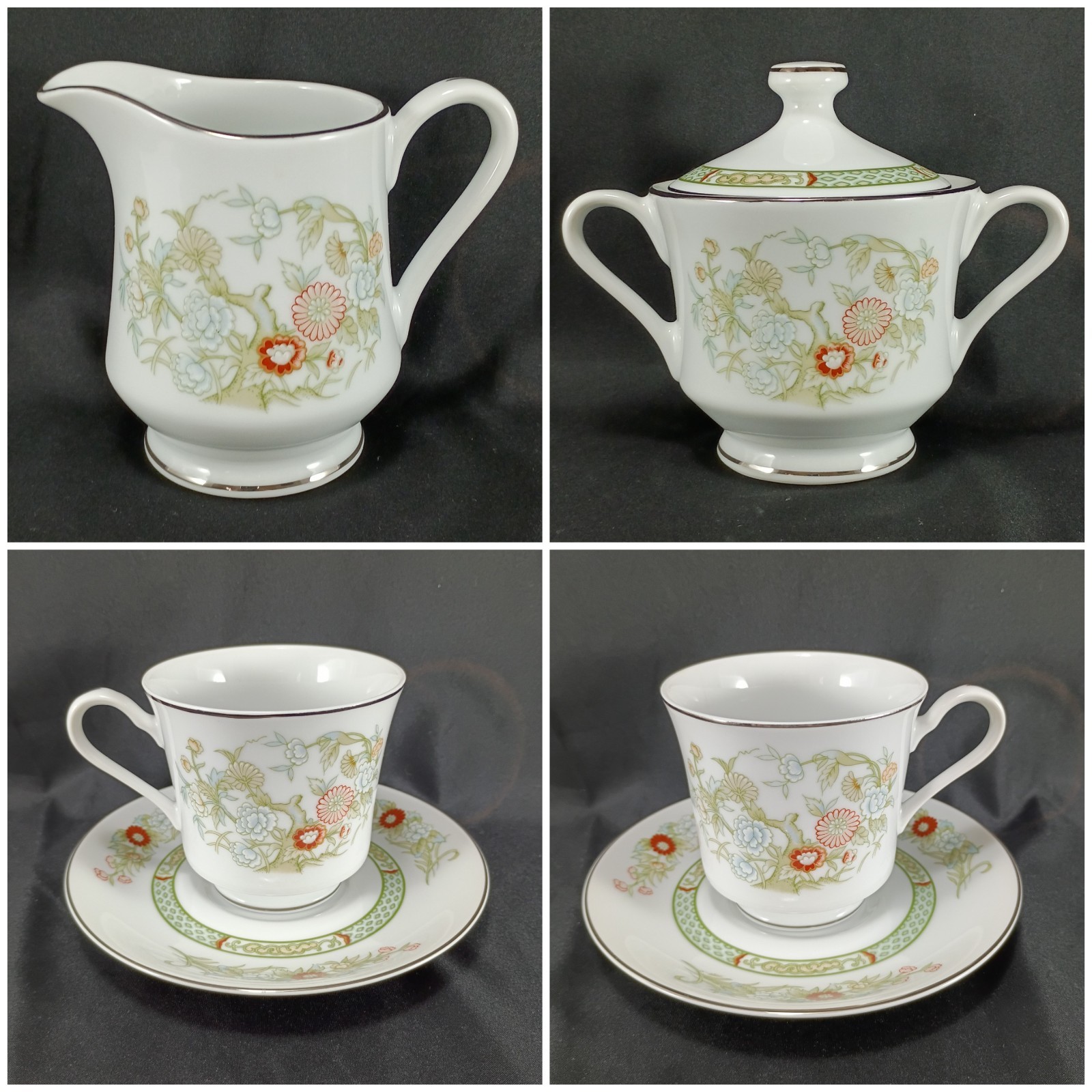 Mikasa KABUKI L9011 Creamer & Sugar Bowl with Lid + 2 Tea Cup Japan VTG NICE