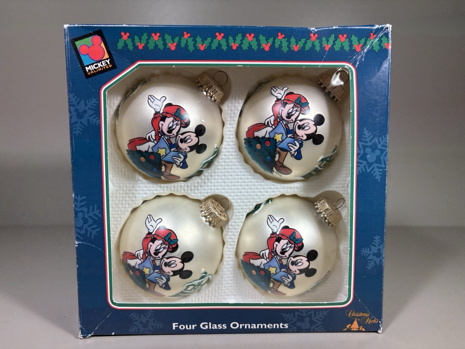 Vintage 1990s Disney Mickey Unlimited Glass Christmas Ornaments Boxed Set 4 Kreb