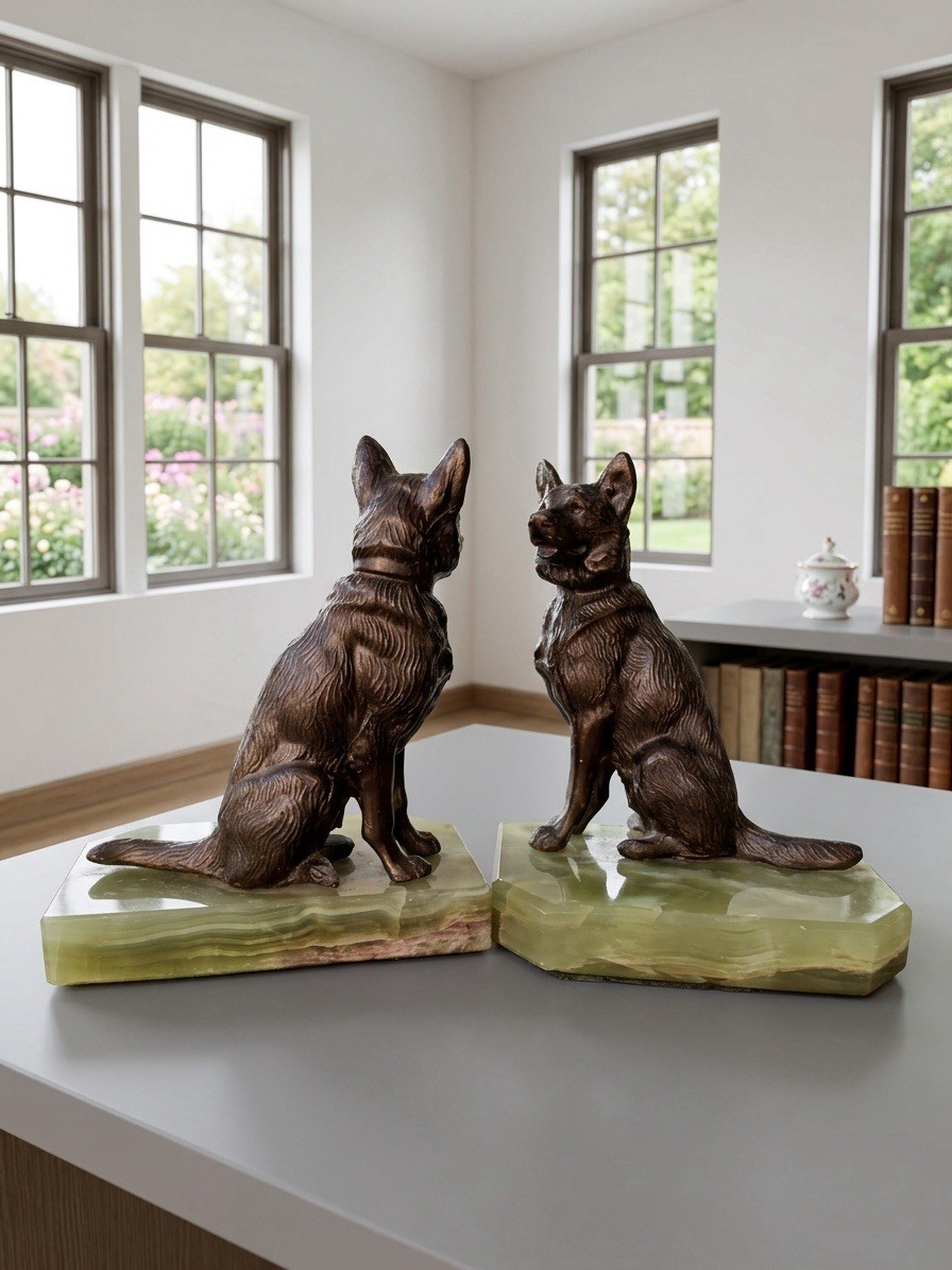 Antique Art Deco Bronze German Shepherd Dog Bookends Solid Green Onyx Base Heavy