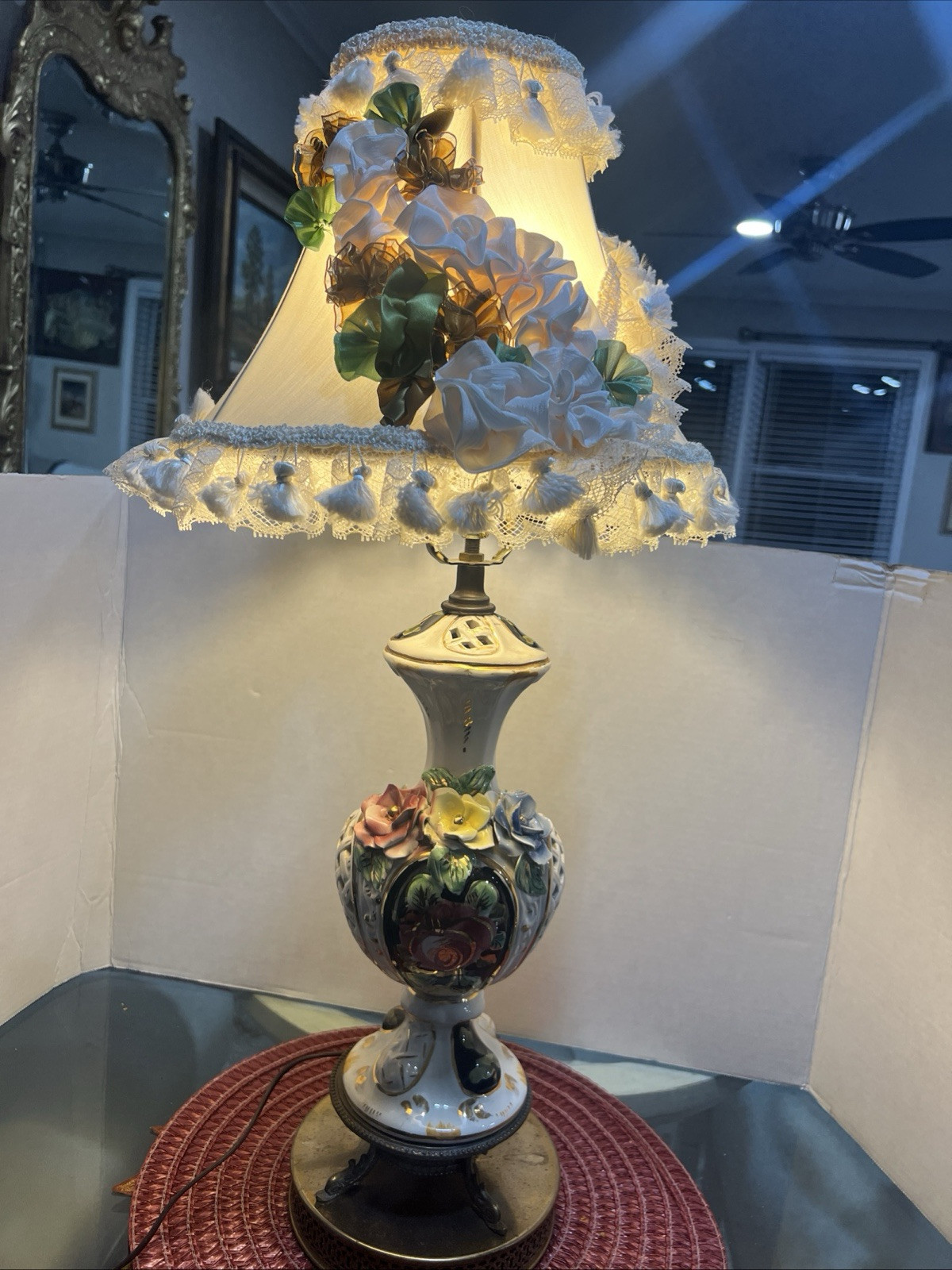 Hand painted, pristine, Large Capodimonte made in Italy lamp dolphin base