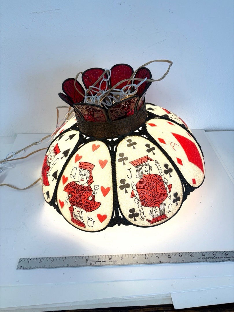 Vintage MCM Playing Card Swag Lamp Light Ruby Red Glass Crown Poker Game Room