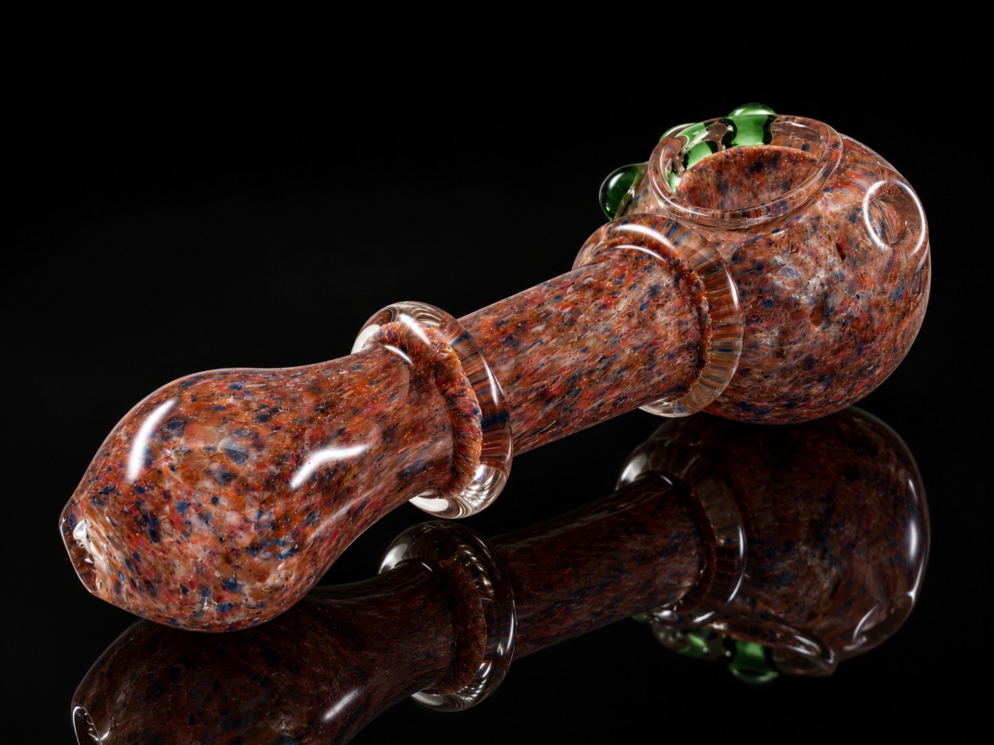 Glass Tobacco Hand Pipe Rust Brown Blue Speckled Green Glass Accents