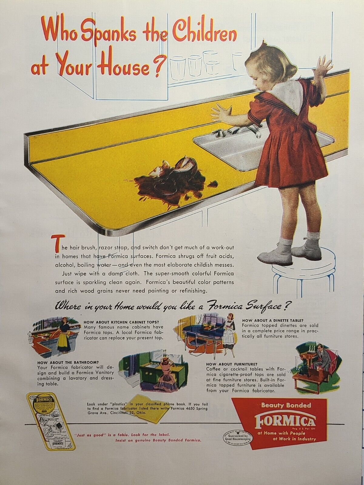 Formica Surfaces Counters Tables Child Spanking Cincinnati Vintage Print Ad 1950