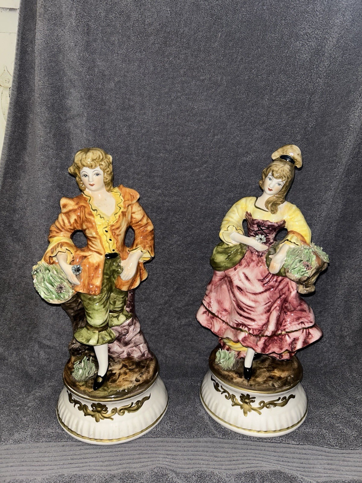 Large Porcelain Pair Capodimonte From Italy Hand Painted Tall Figurines Is