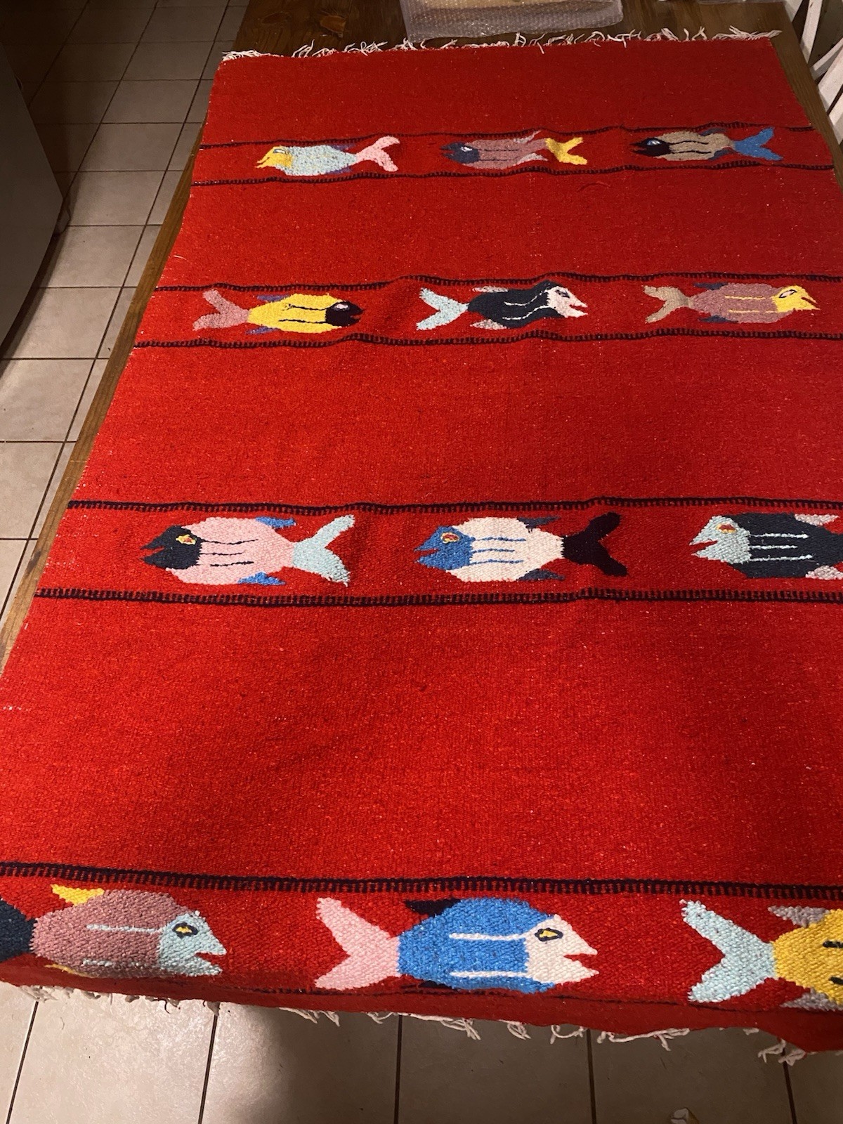 VTG Mexican Falsa Baja Blanket Heavy handwoven Fish motif Rug Mat 74x45”