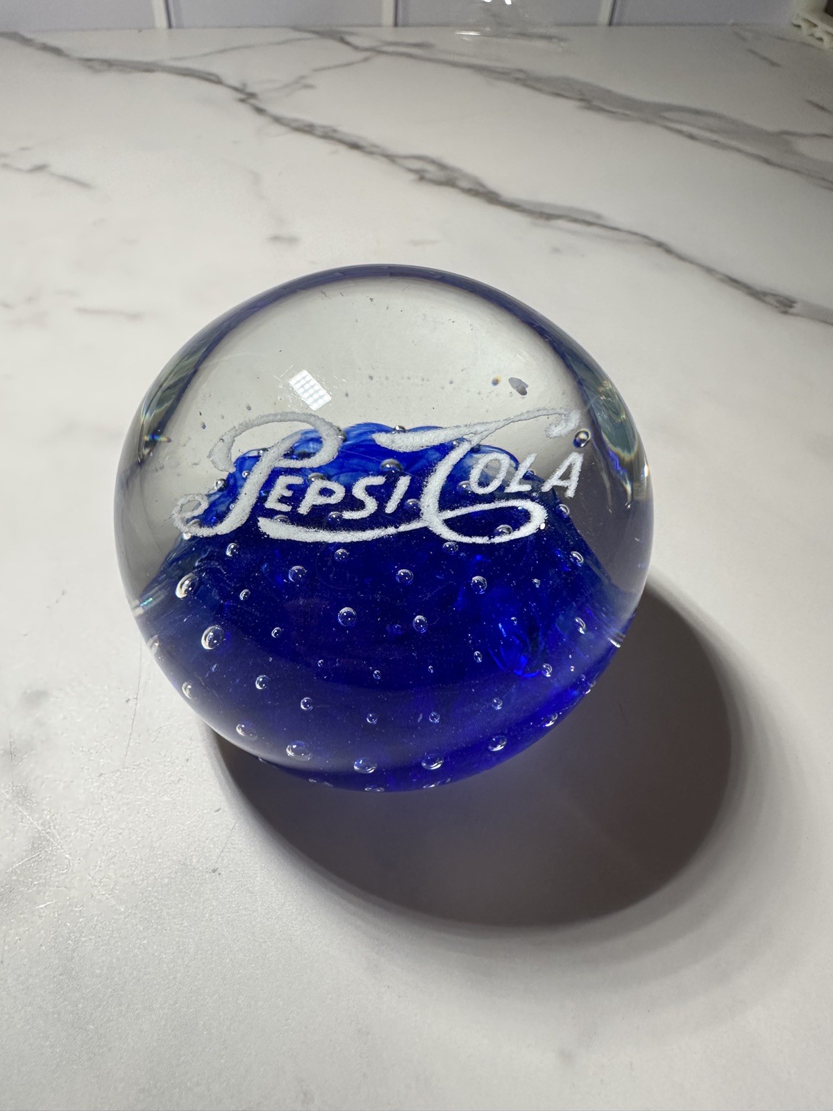 Pepsi Cola Clear Paperweight with Blue Bubbles