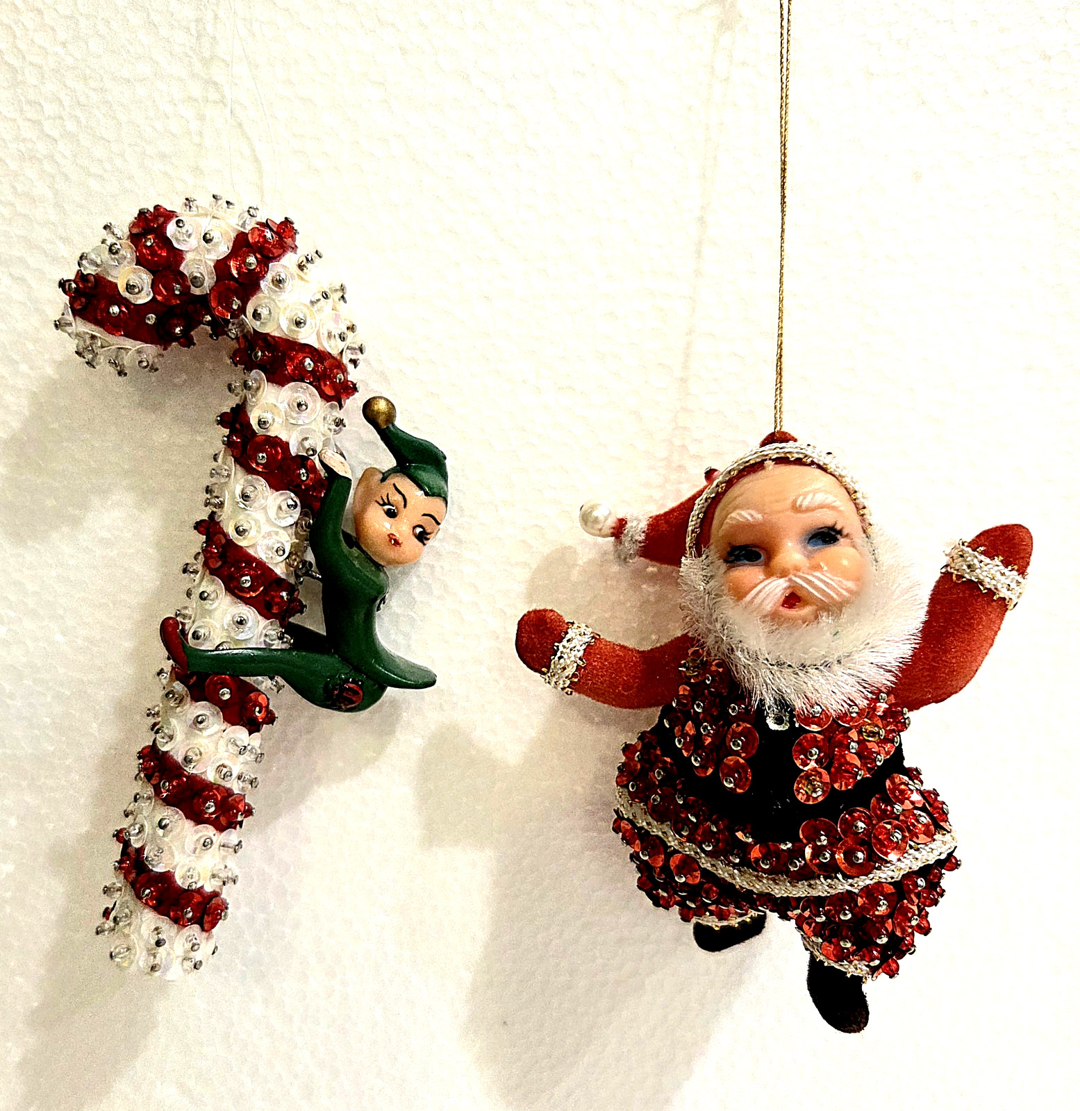 Vtg 1960s Mid Century Sequin Beaded Christmas Ornaments Santa Elf Candy Cane Lot Vtg 1960s Mid Century Sequin Beaded Christmas Ornaments Santa Elf Candy Cane Lot