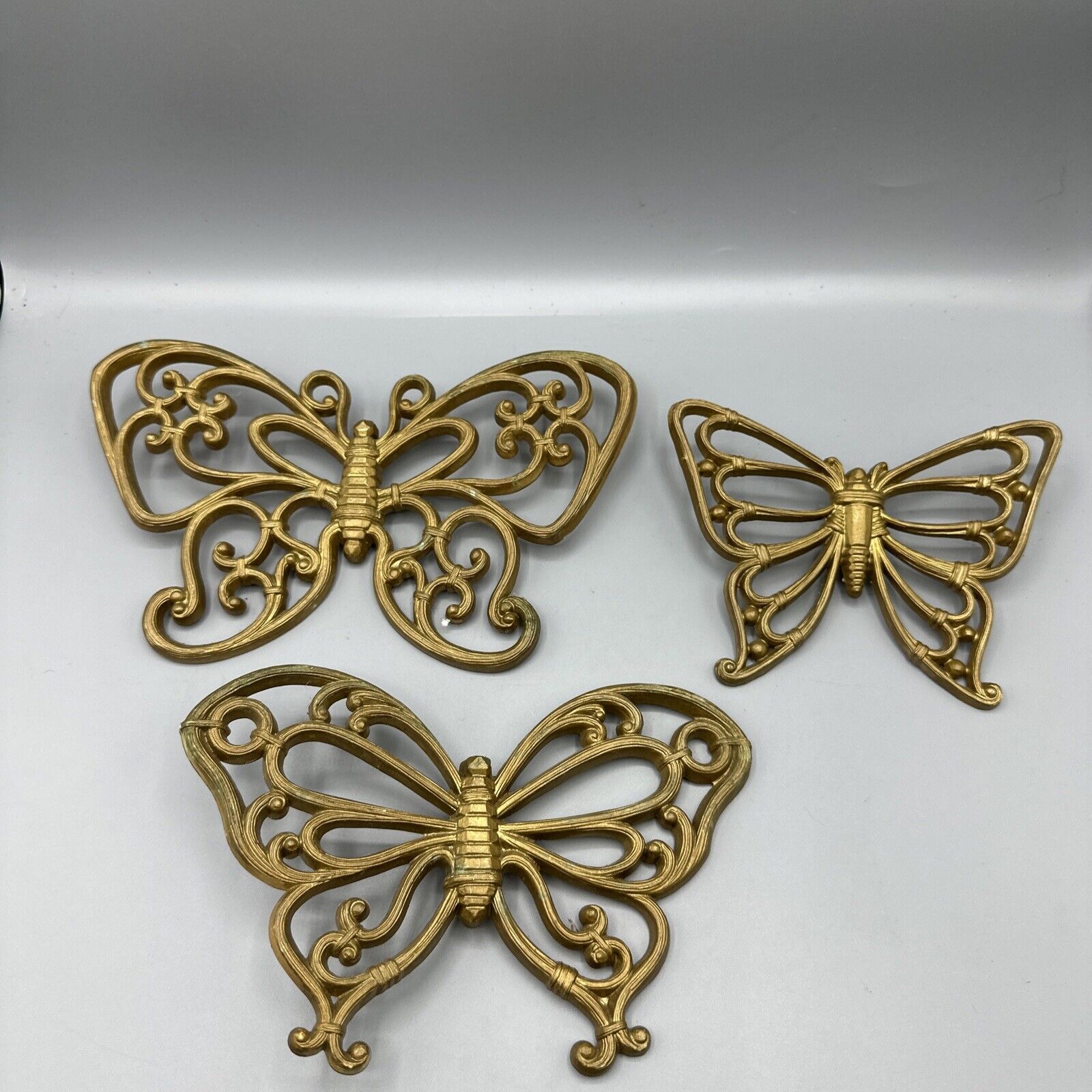 Vintage Homco Butterfly Faux Wood Wicker Wall Decor Gold 7537 Set of 3 1978