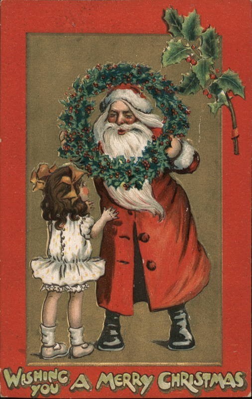 Tuck ~ Red Robe~Santa Claus with Wreath~Child  Antique Christmas Postcard-k751