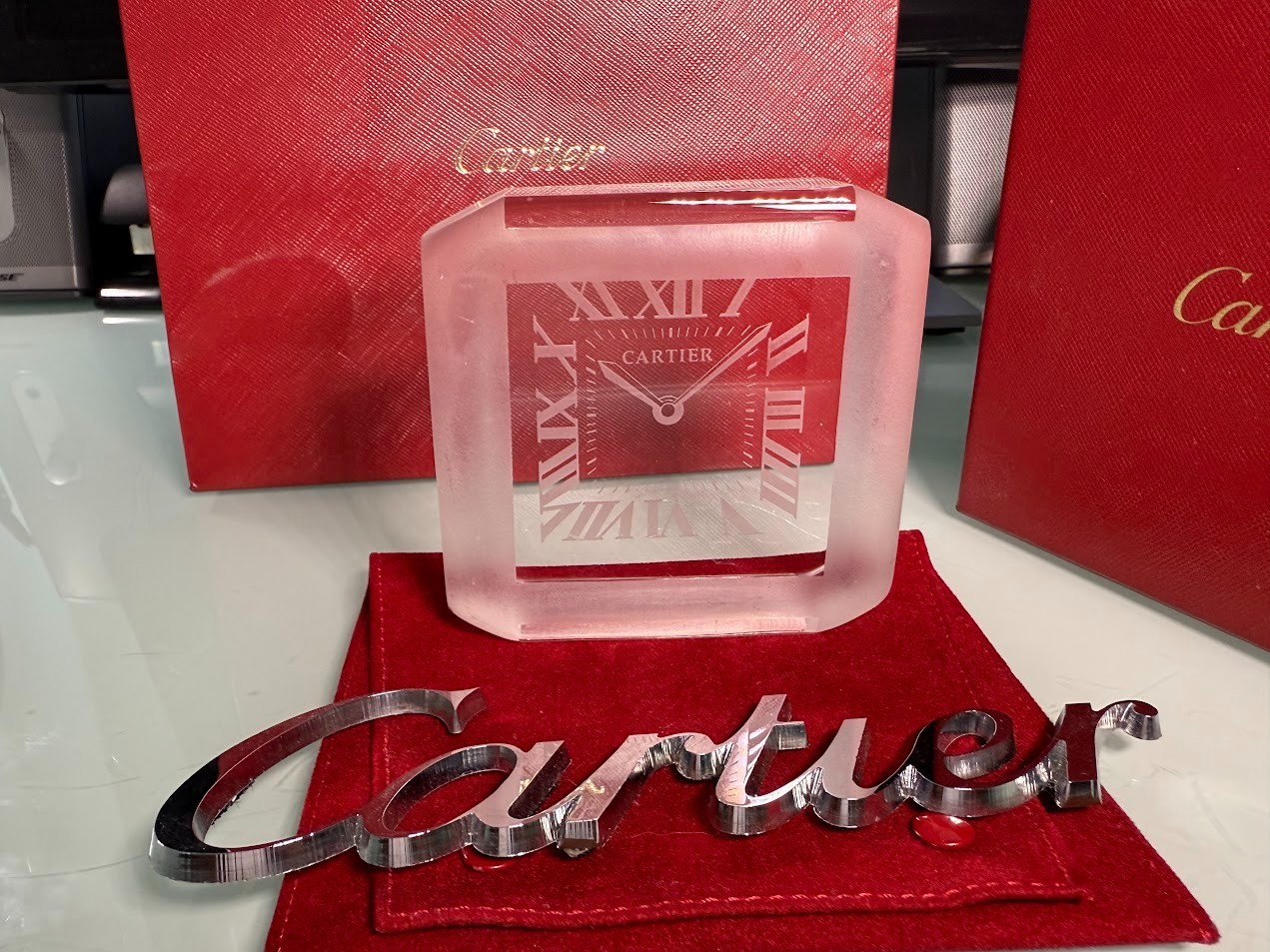 *** Cartier Crystal Clock Paperweight Roman Numerals Reverse Etched Mint ***