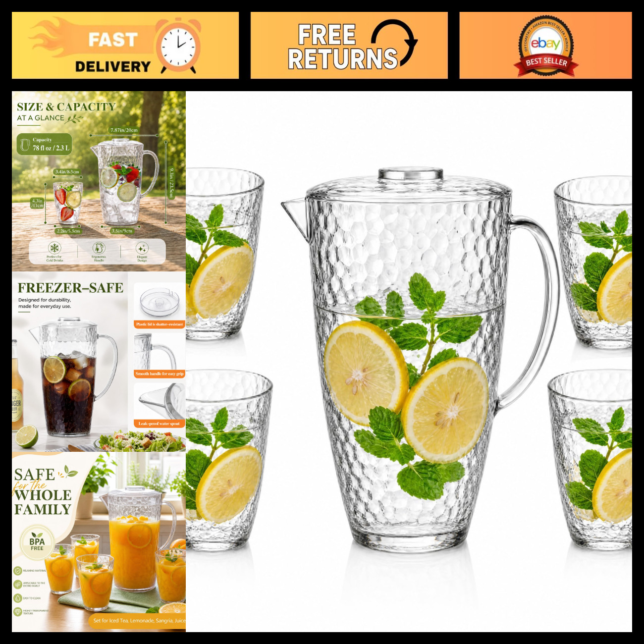 Water Pitcher and Cups Set, Plastic Pitcher with Lid, Iced Tea or Juice Jug