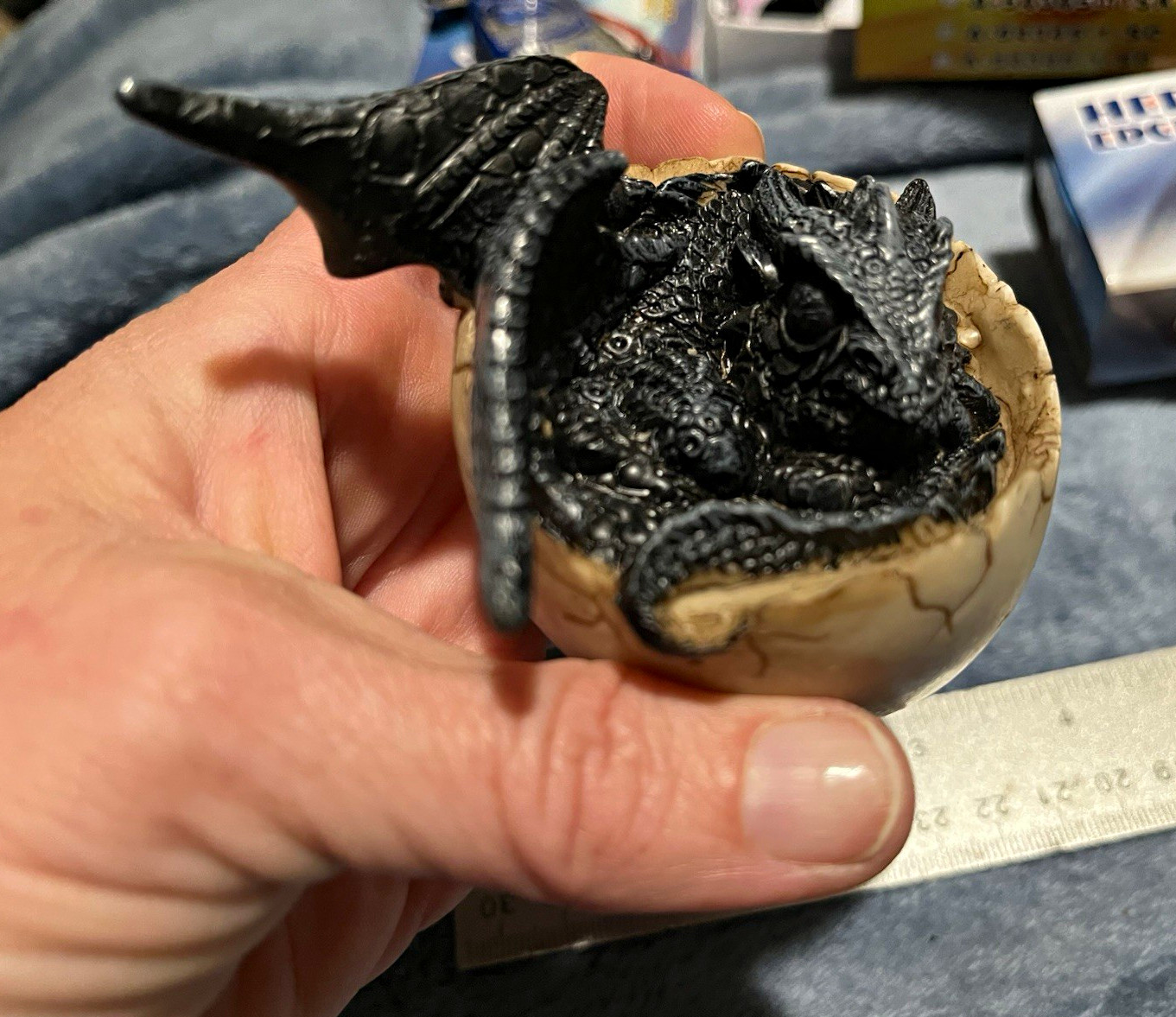 Fantasy Dragon Hatchling in Cracked Egg Figurine Statue - Black Dragon