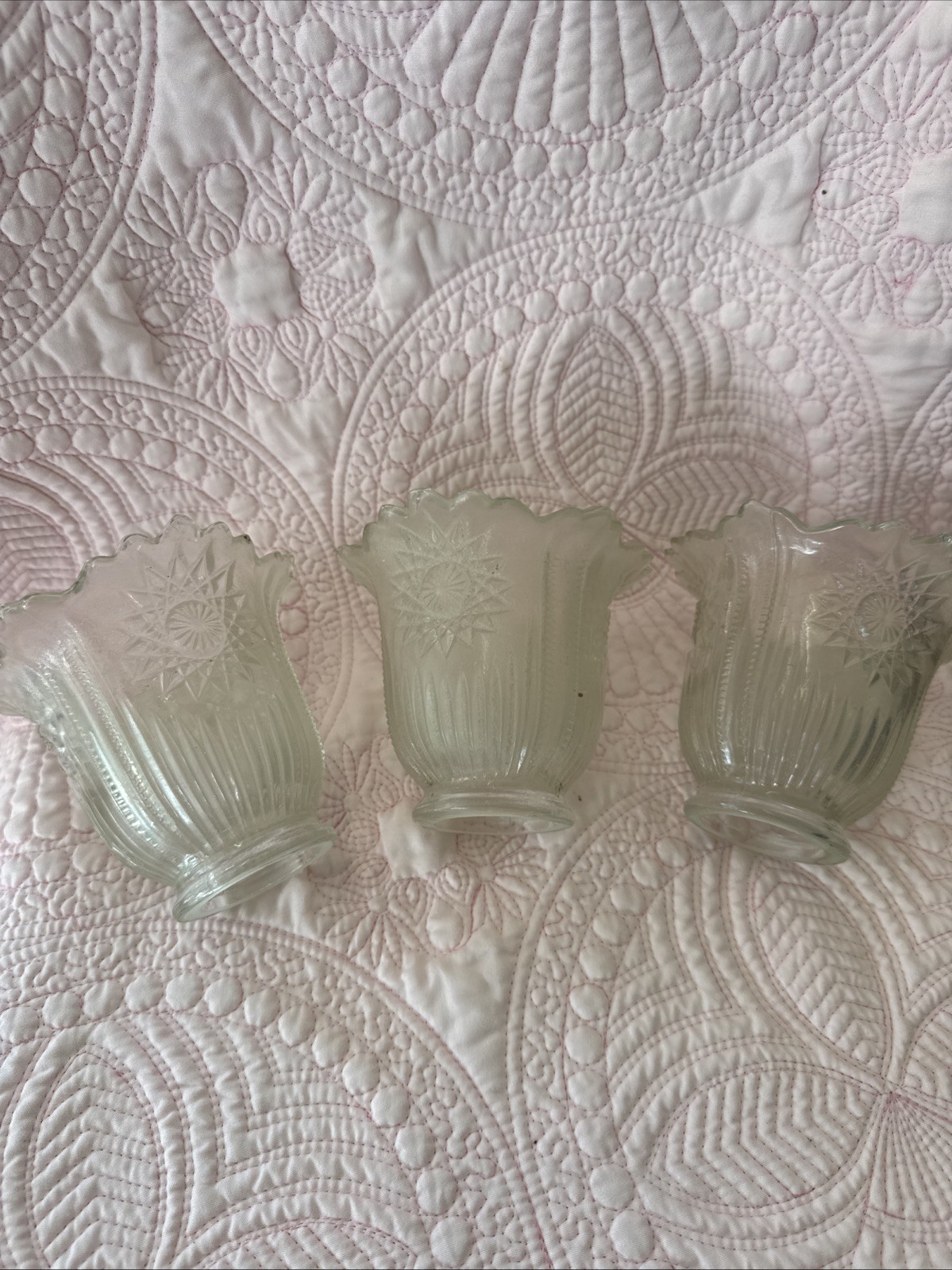 Antique Clear Glass Lamp Shades Sunburst Starburst 1.75” Fitter Set of 3 1920s