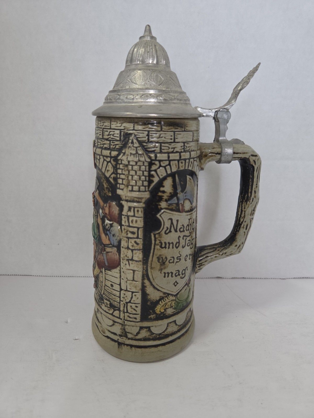 Vintage Gerz West Germany Lidded Beer Stein Relief Castle Motif Nacht Und Tag