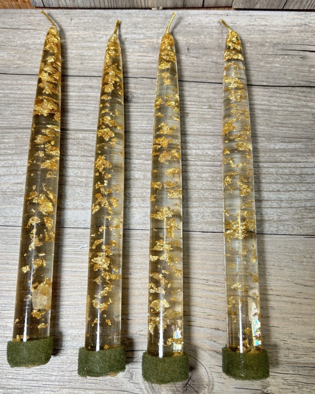 4 Vintage MCM Lucite Acrylic 8” Clear Taper Candles Gold Flecks Candlesticks
