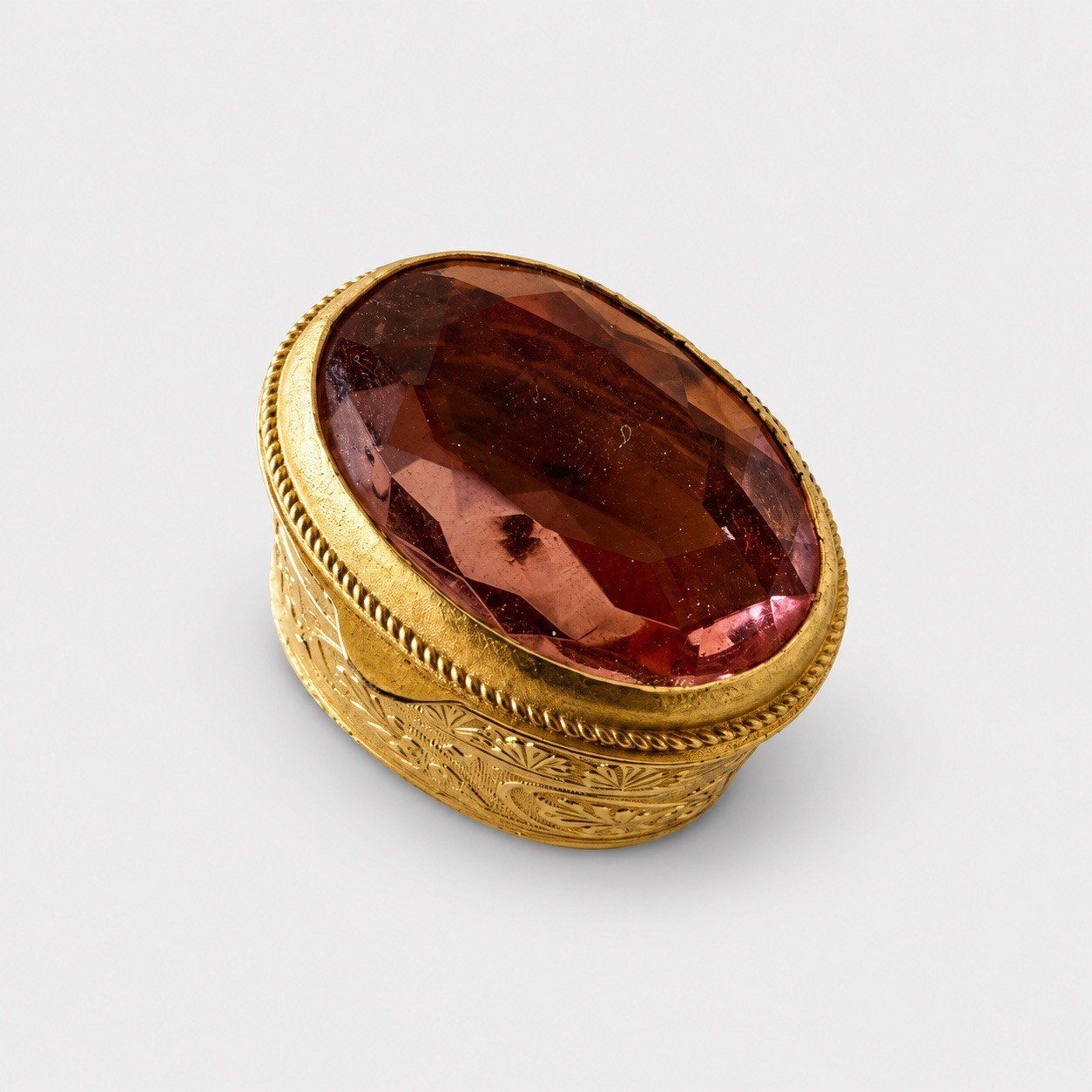 Vintage Italian Gold-Tone Pill Box with Faceted Pink Stone Ornate Floral Design