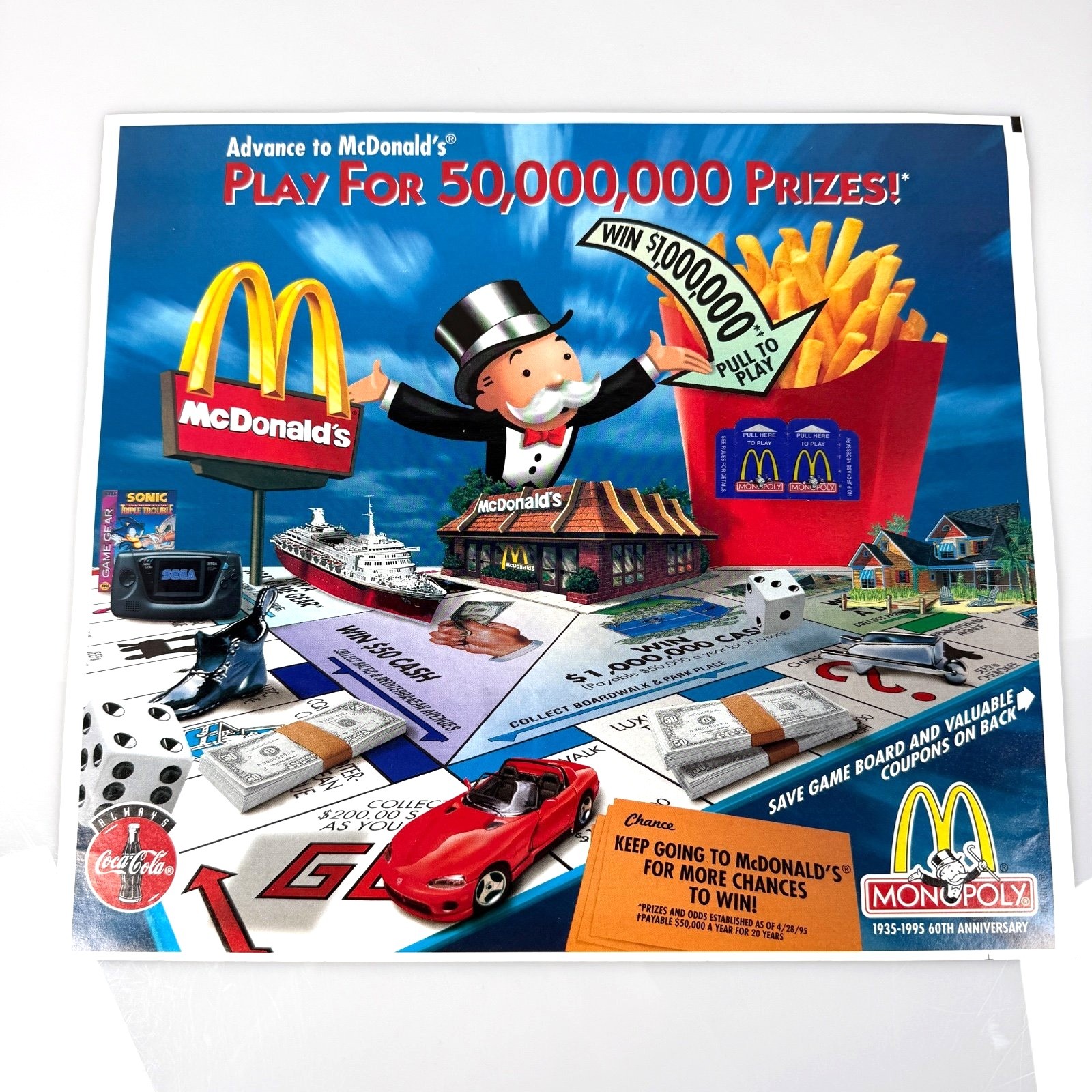 Vintage 1995 McDonald\'s Monopoly 60th Anniversary Game Board w/ Pieces, SEGA GG