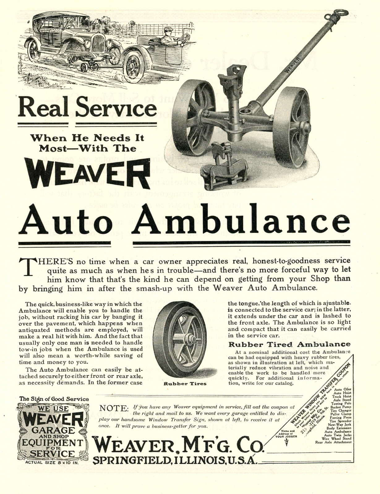 1921 Original Weaver Auto Ambulance Towing Ad. Springfield, Illinois 1921 Original Weaver Auto Ambulance Towing Ad. Springfield, Illinois