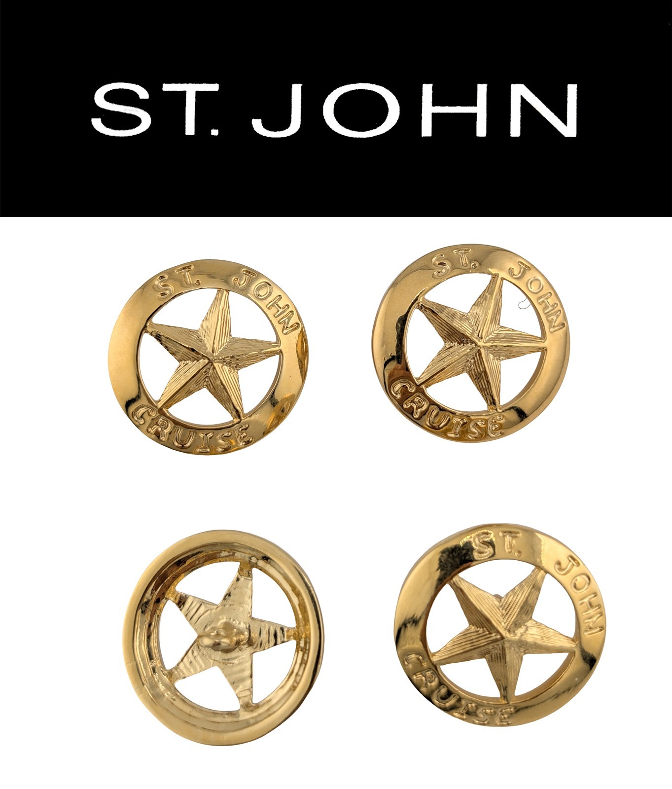 St John Knits 1.2 Inch Large Gold Tone Star Cruise Logo Replacement Buttons (4) St John Knits 1.2 Inch Large Gold Tone Star Cruise Logo Replacement Buttons (4)
