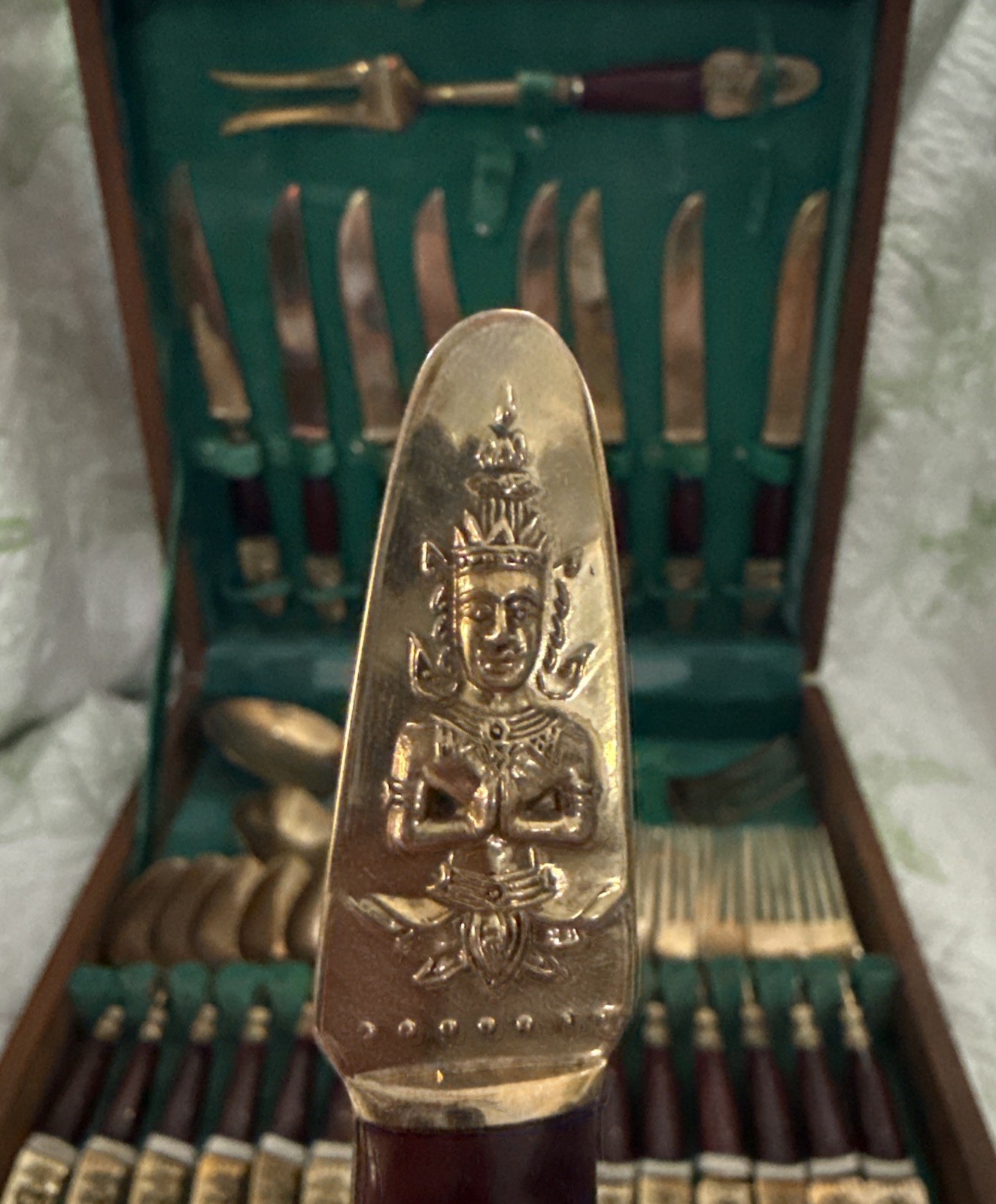 Vintage S Samran Thailand Bronze Flatware Set Wood Case MCM Buddha 28 Piece
