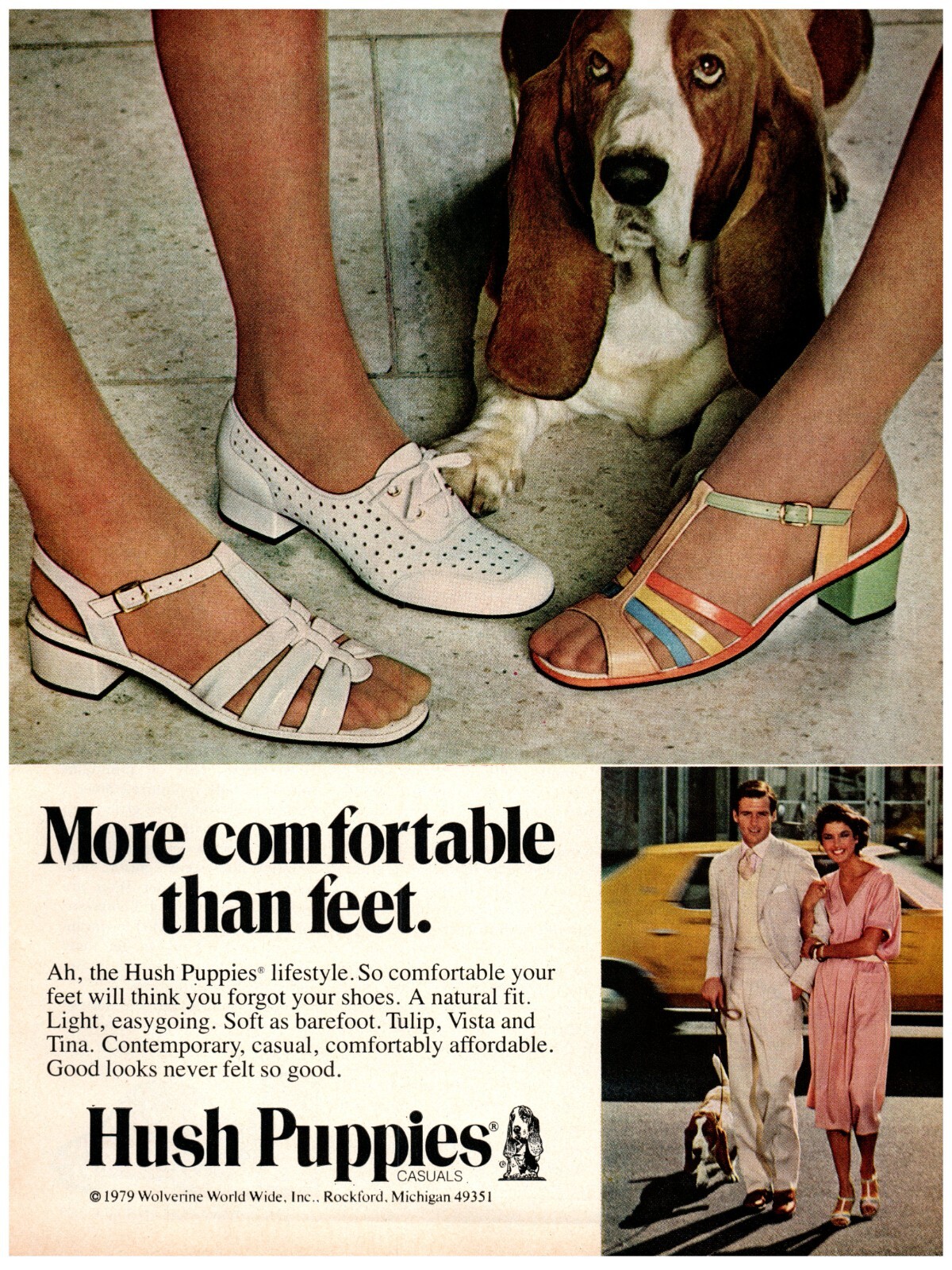 1979 Hush Puppies Print Ad Cute Basset Hound Dog More Comfortable Than Feet City