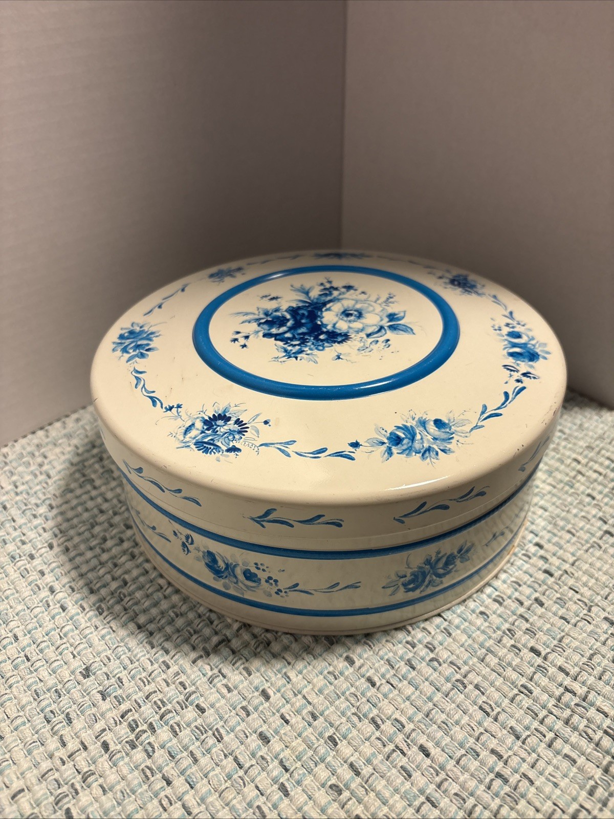Vintage Floral Tin Container - Turquoise Blue & White
