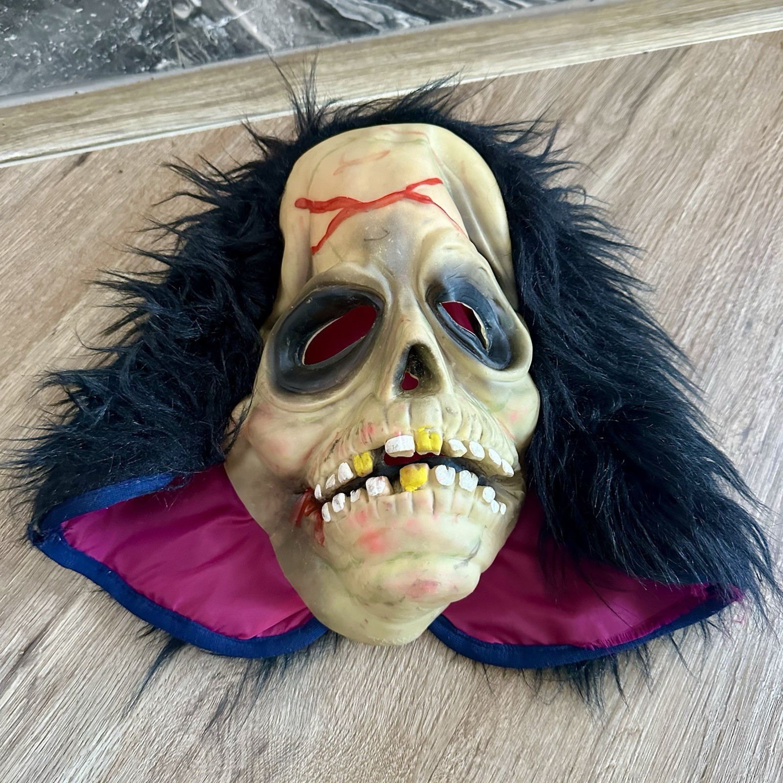 Vintage Topstone Skull Mask Shaggy Black Hair Halloween Horror Scary Zombie
