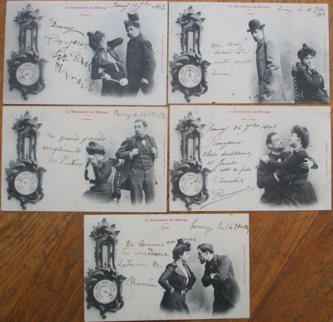 Bergeret Barometer/Barometre du Menage 1903 SET OF FIVE French Fantasy Postcards