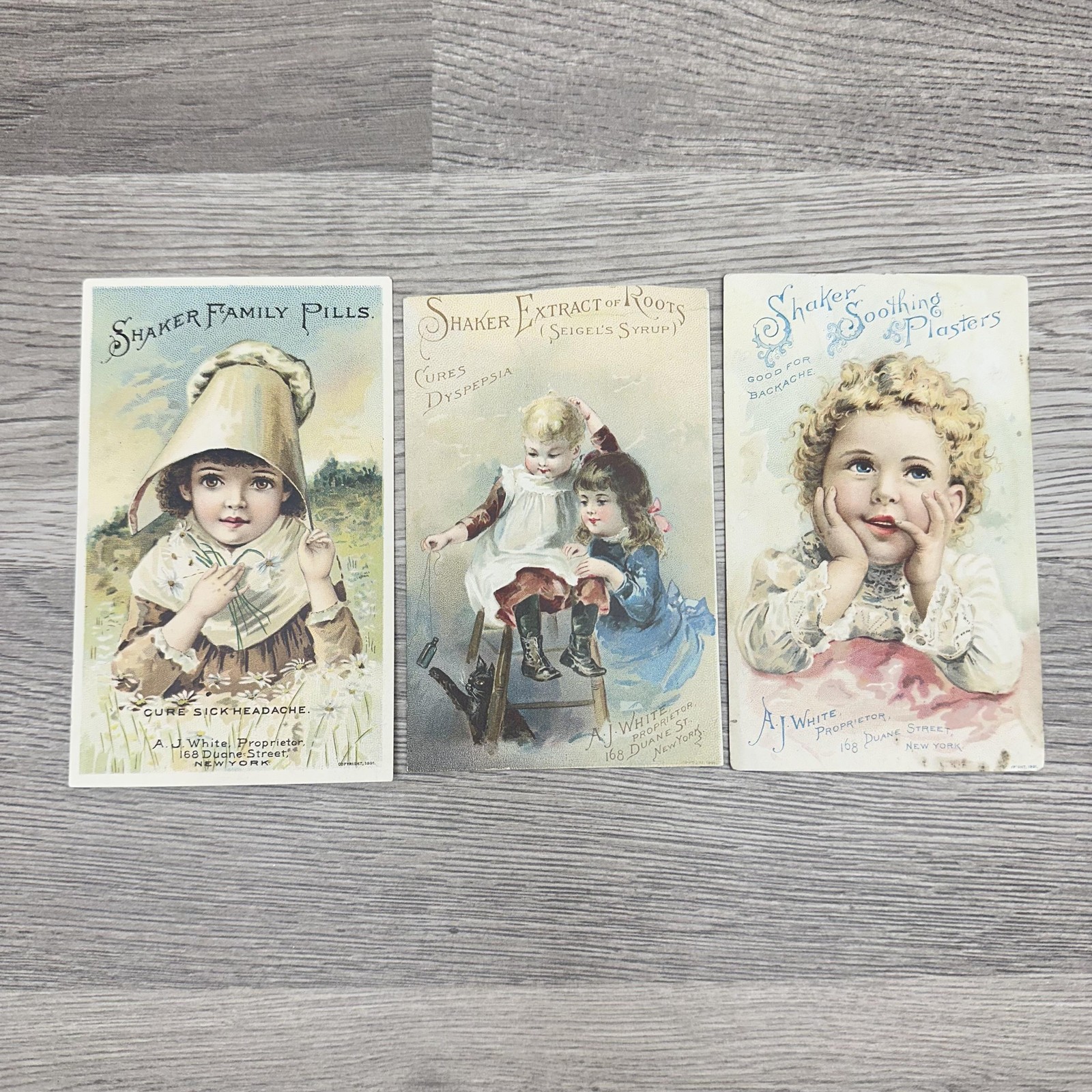 Shaker Medicine Trade Card Lot 3 Vintage Multi-Color Children A J White USA