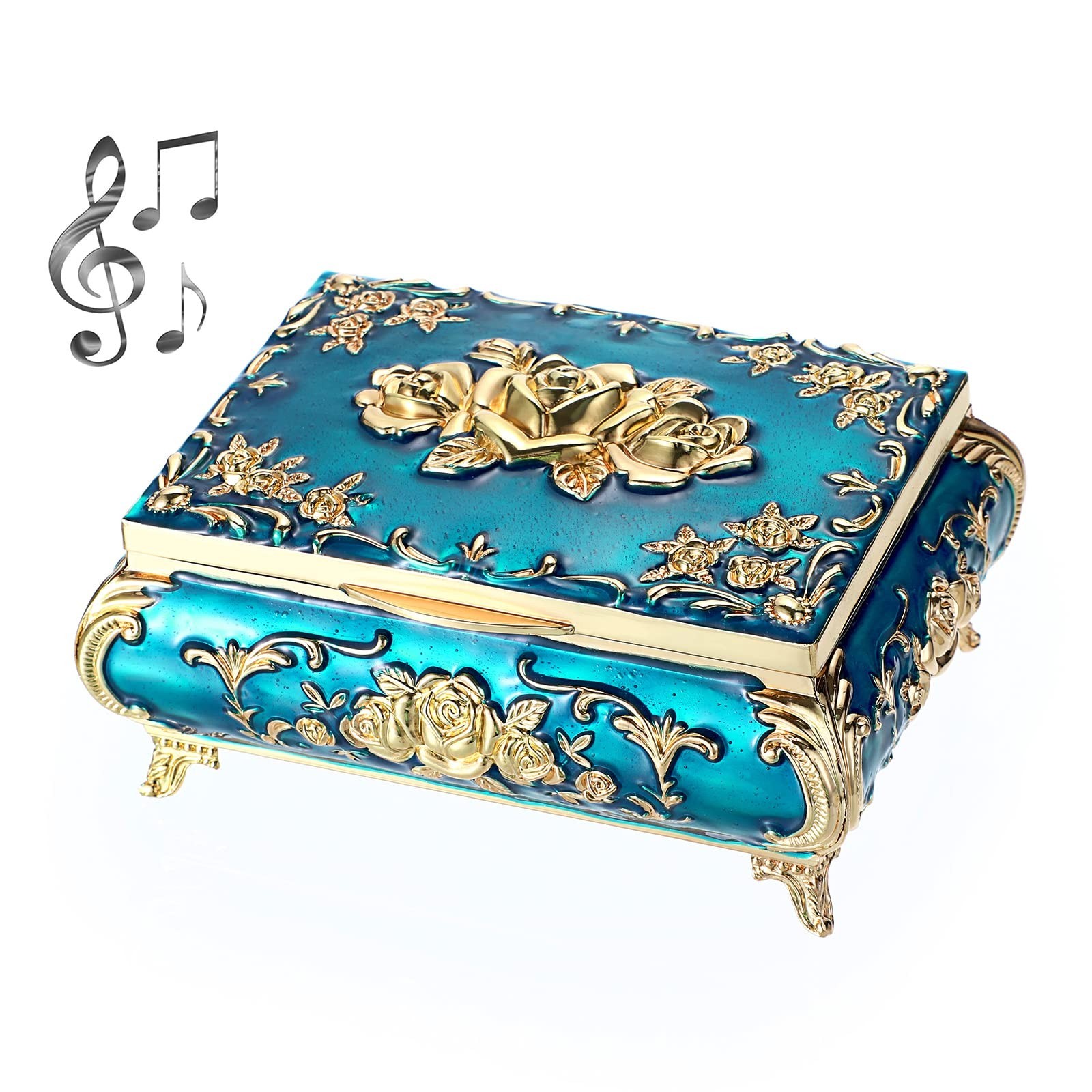 Vintage Music Box - Blue Metal Musical Jewelry Keepsake Trinket Storage Gift for