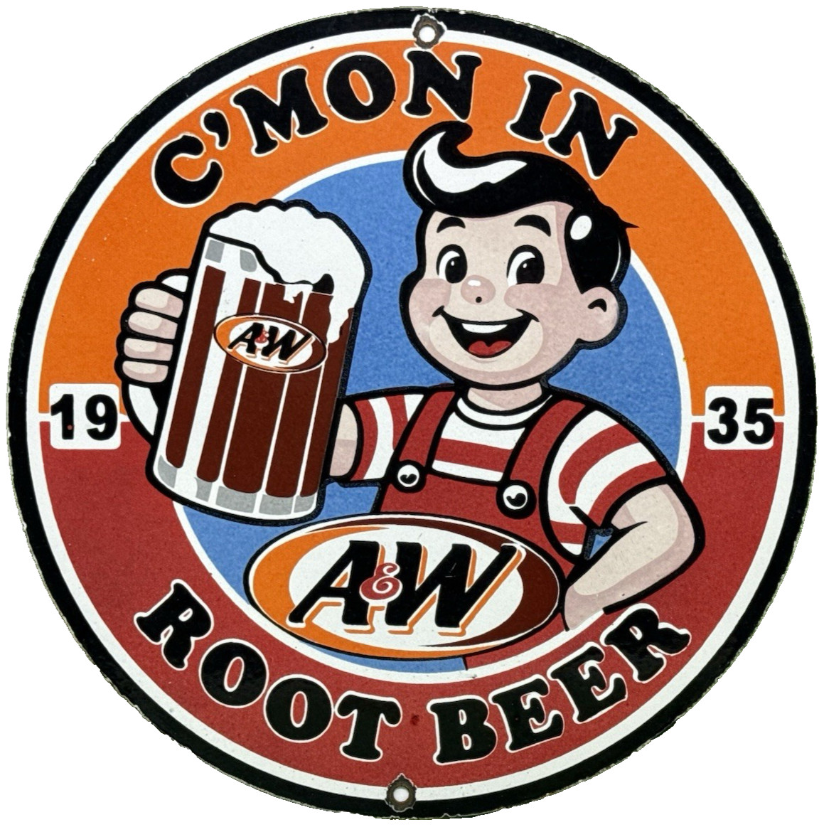 VINTAGE A & W ROOT BEER PORCELAIN SIGN C'MON IN 1935 BOY WITH MUGS SODA FOUNTAIN