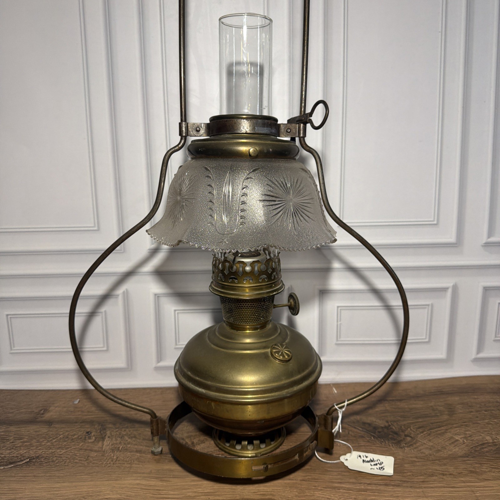 Antique c1916 Aladdin Model 6 Brass Hanging Kerosene Oil Lamp Starburst 24”